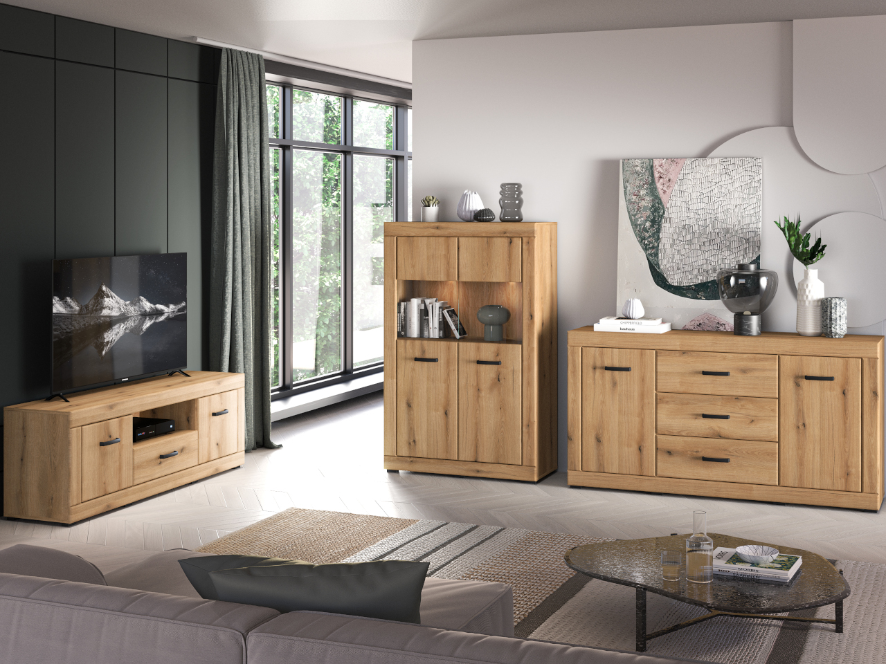 Nábytek do obývacího pokoje Doris 1 v dubovém provedení evoke