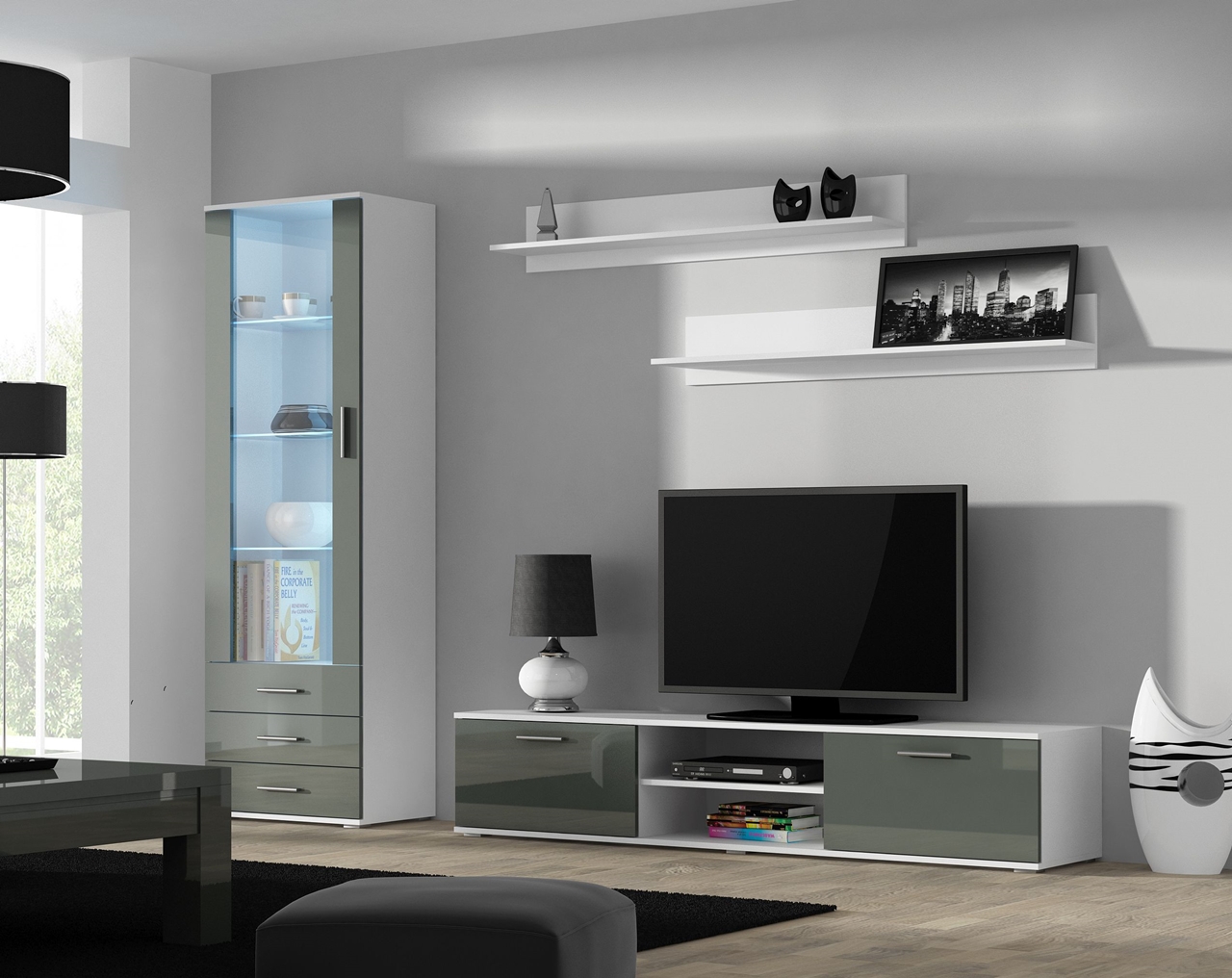 Obývací stěna SOHO 1F bílý / šedá lesk