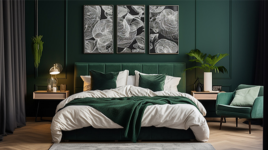 Lahvově zelená a bílá ložnice - inspirace pro smyslné aranžmá